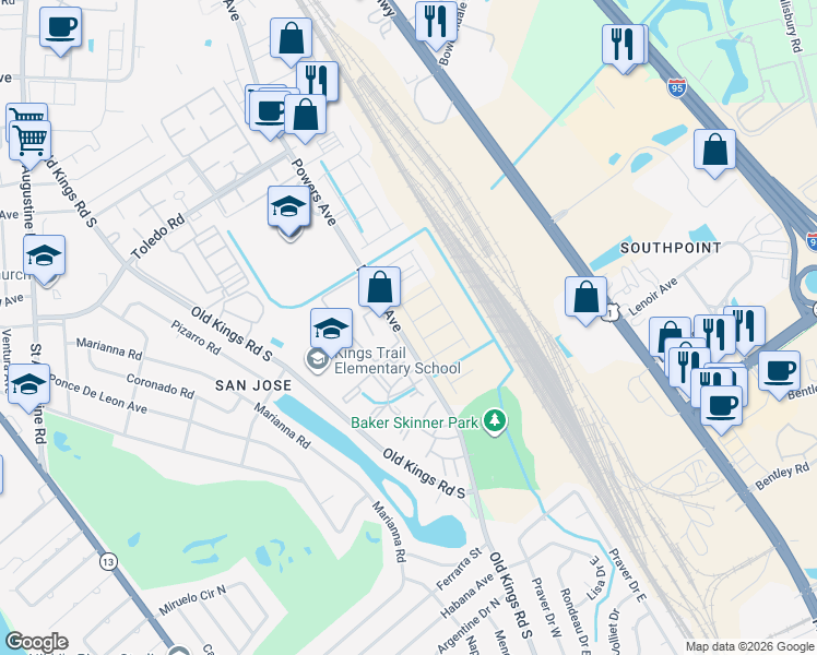 map of restaurants, bars, coffee shops, grocery stores, and more near 7200 Powers Avenue in Jacksonville