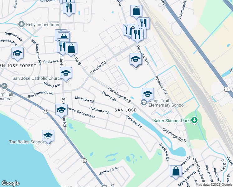 map of restaurants, bars, coffee shops, grocery stores, and more near 7241 Old Kings Road South in Jacksonville