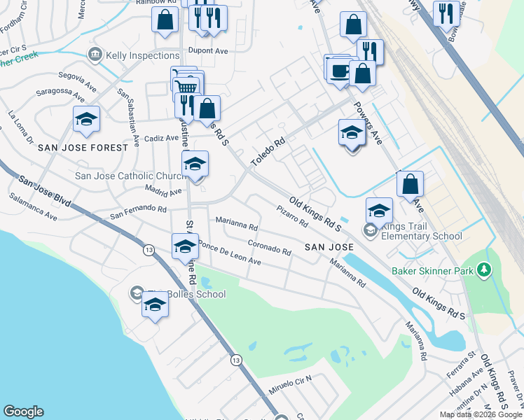 map of restaurants, bars, coffee shops, grocery stores, and more near 3666 Pizarro Road in Jacksonville