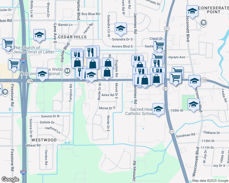 map of restaurants, bars, coffee shops, grocery stores, and more near 5440 Moret Drive East in Jacksonville