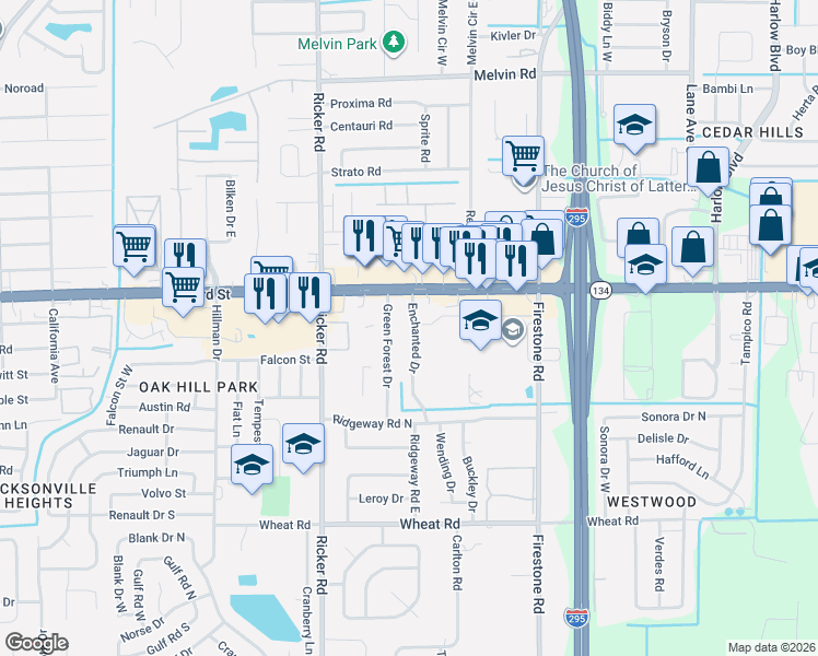 map of restaurants, bars, coffee shops, grocery stores, and more near 5436 Enchanted Drive in Jacksonville