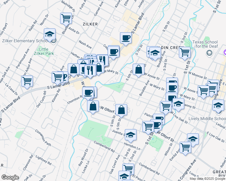 map of restaurants, bars, coffee shops, grocery stores, and more near 2006 South 6th Street in Austin