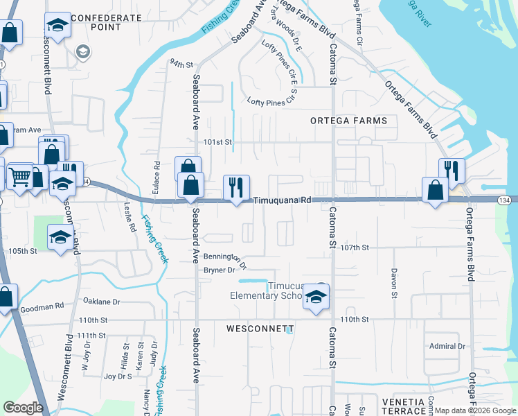 map of restaurants, bars, coffee shops, grocery stores, and more near 5550 Timuquana Road in Jacksonville
