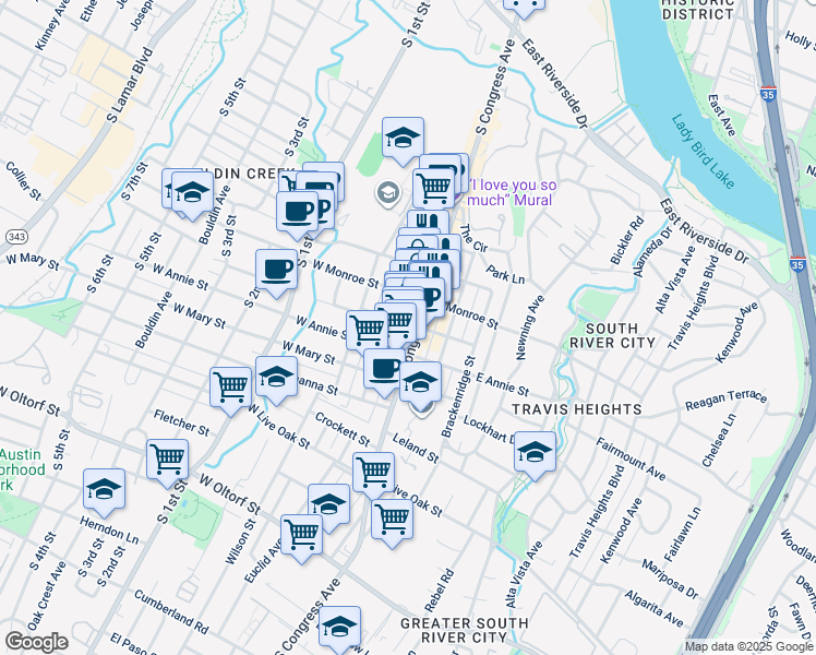 map of restaurants, bars, coffee shops, grocery stores, and more near 1603 South Congress Avenue in Austin
