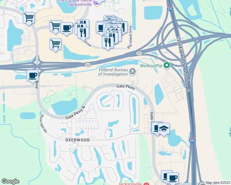 map of restaurants, bars, coffee shops, grocery stores, and more near 11002 Castlemain Circle East in Jacksonville
