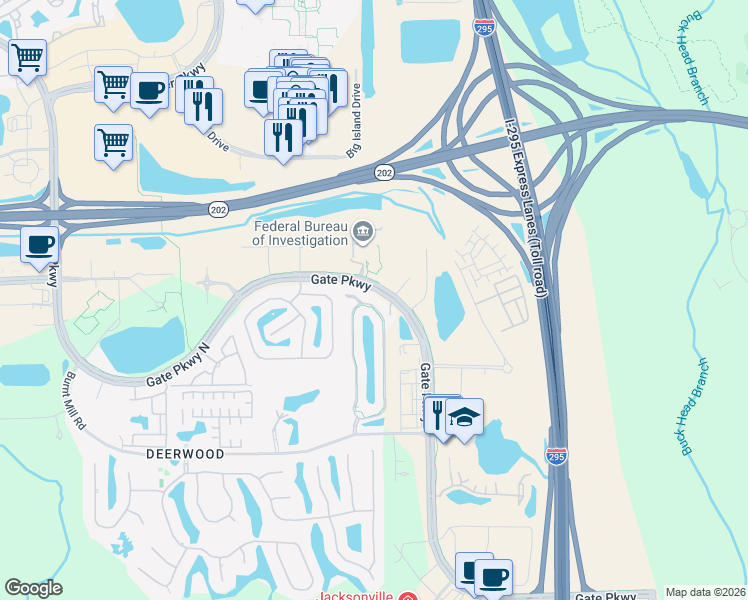 map of restaurants, bars, coffee shops, grocery stores, and more near 7455 Red Crane Lane in Jacksonville