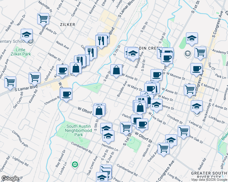 map of restaurants, bars, coffee shops, grocery stores, and more near 909 West Johanna Street in Austin