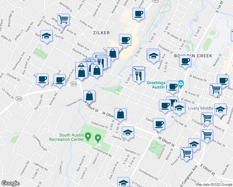 map of restaurants, bars, coffee shops, grocery stores, and more near 1100 West Live Oak Street in Austin