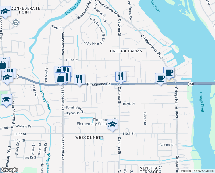 map of restaurants, bars, coffee shops, grocery stores, and more near 5483 Timuquana Road in Jacksonville