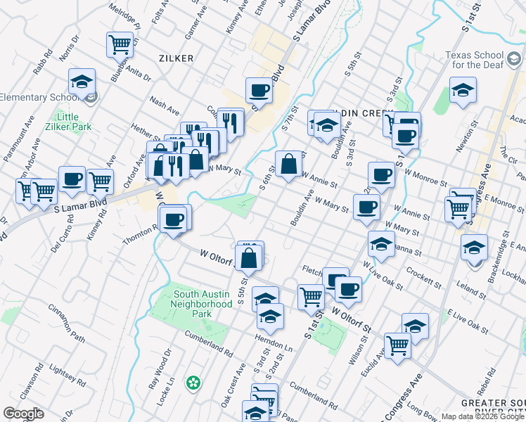map of restaurants, bars, coffee shops, grocery stores, and more near in Austin