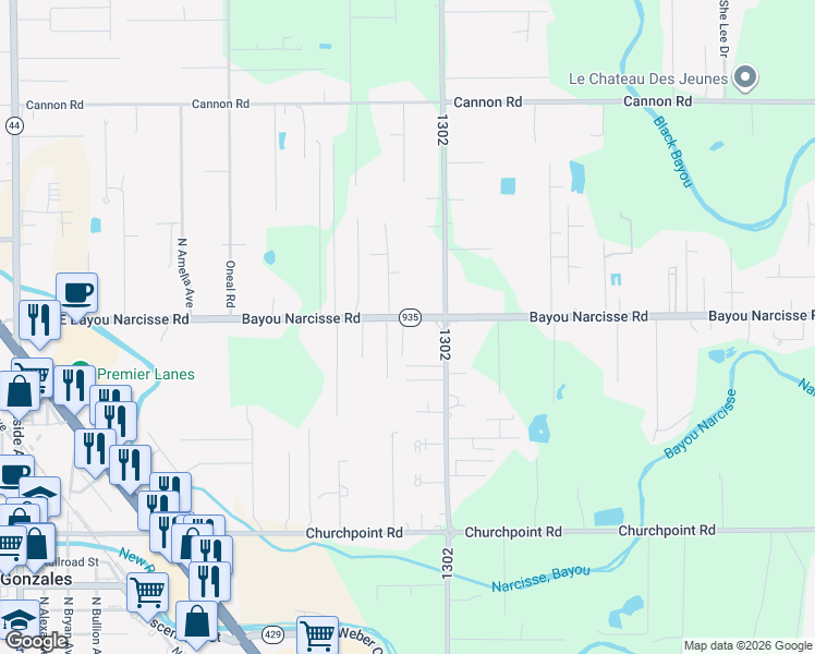 map of restaurants, bars, coffee shops, grocery stores, and more near 41474 Bayou Narcisse Road in Gonzales