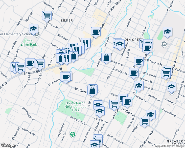 map of restaurants, bars, coffee shops, grocery stores, and more near in Austin
