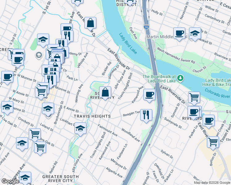 map of restaurants, bars, coffee shops, grocery stores, and more near 1323 Alta Vista Avenue in Austin