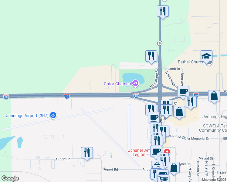 map of restaurants, bars, coffee shops, grocery stores, and more near 964-1598 North Frontage Road in Jennings