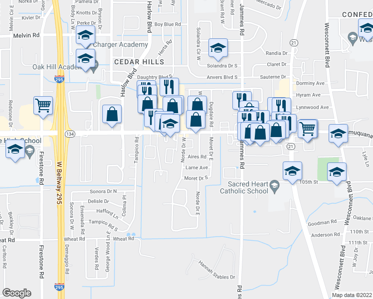 map of restaurants, bars, coffee shops, grocery stores, and more near 5507 West Norde Drive in Jacksonville