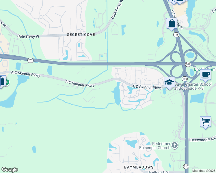 map of restaurants, bars, coffee shops, grocery stores, and more near 7200 A C Skinner Parkway in Jacksonville