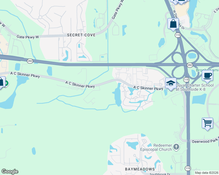 map of restaurants, bars, coffee shops, grocery stores, and more near 7200 A C Skinner Parkway in Jacksonville