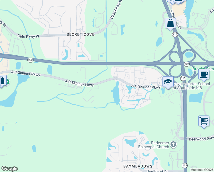 map of restaurants, bars, coffee shops, grocery stores, and more near 7200 A C Skinner Parkway in Jacksonville