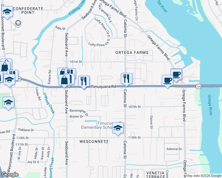 map of restaurants, bars, coffee shops, grocery stores, and more near 5483 Timuquana Road in Jacksonville