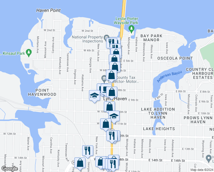 map of restaurants, bars, coffee shops, grocery stores, and more near 700 Florida Avenue in Lynn Haven