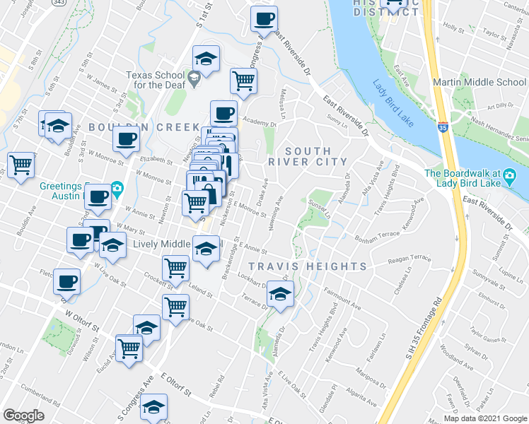 map of restaurants, bars, coffee shops, grocery stores, and more near 300 East Monroe Street in Austin