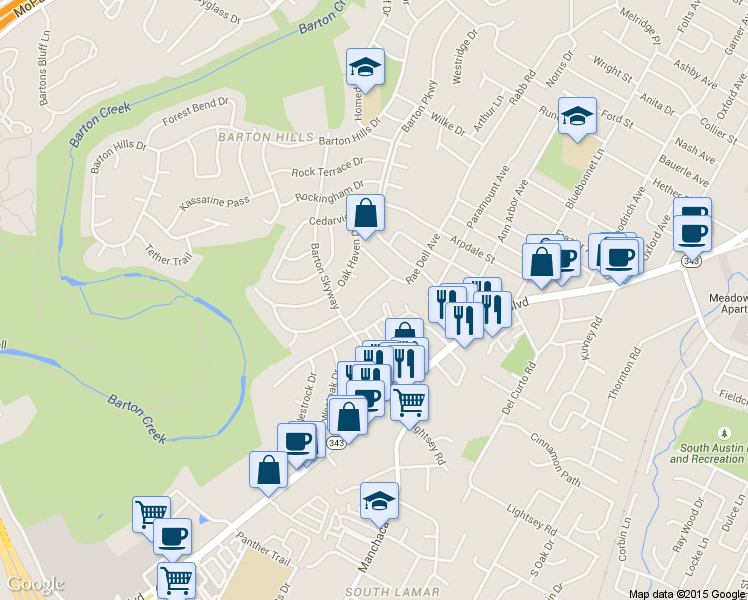map of restaurants, bars, coffee shops, grocery stores, and more near 2706 Rae Dell Avenue in Austin