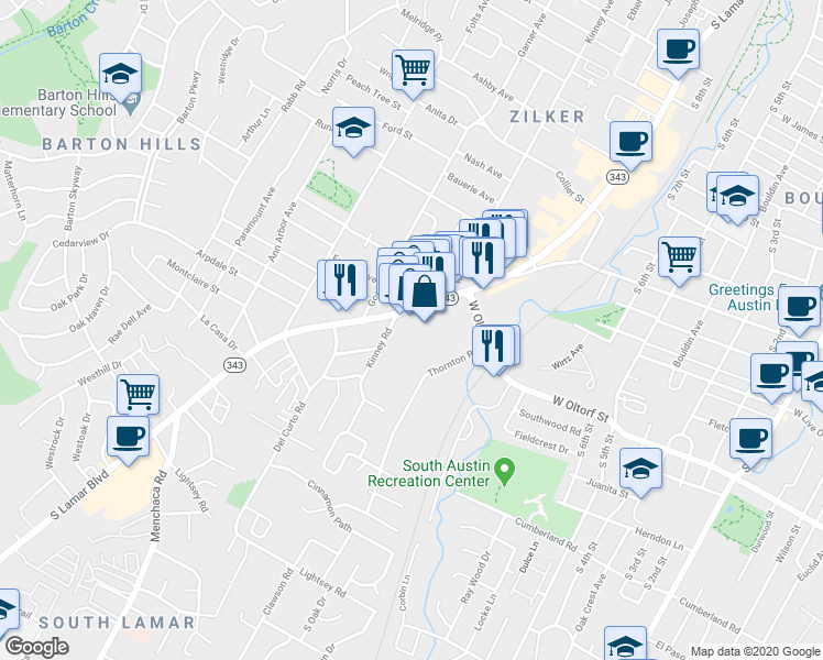 map of restaurants, bars, coffee shops, grocery stores, and more near 2153 South Lamar Boulevard in Austin