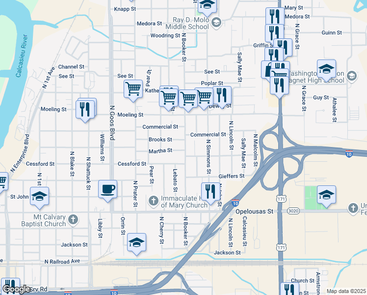 map of restaurants, bars, coffee shops, grocery stores, and more near 829 Booker St in Lake Charles
