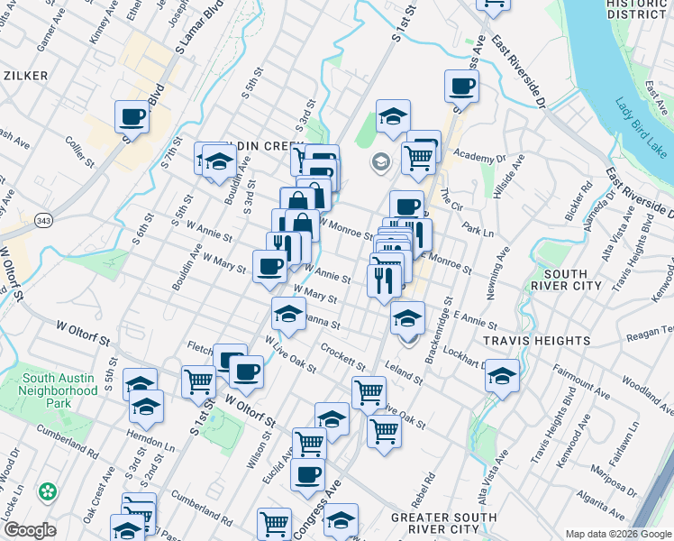 map of restaurants, bars, coffee shops, grocery stores, and more near 308 West Annie Street in Austin