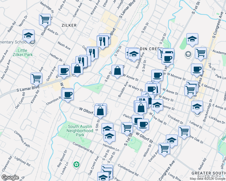 map of restaurants, bars, coffee shops, grocery stores, and more near 913 West Johanna Street in Austin