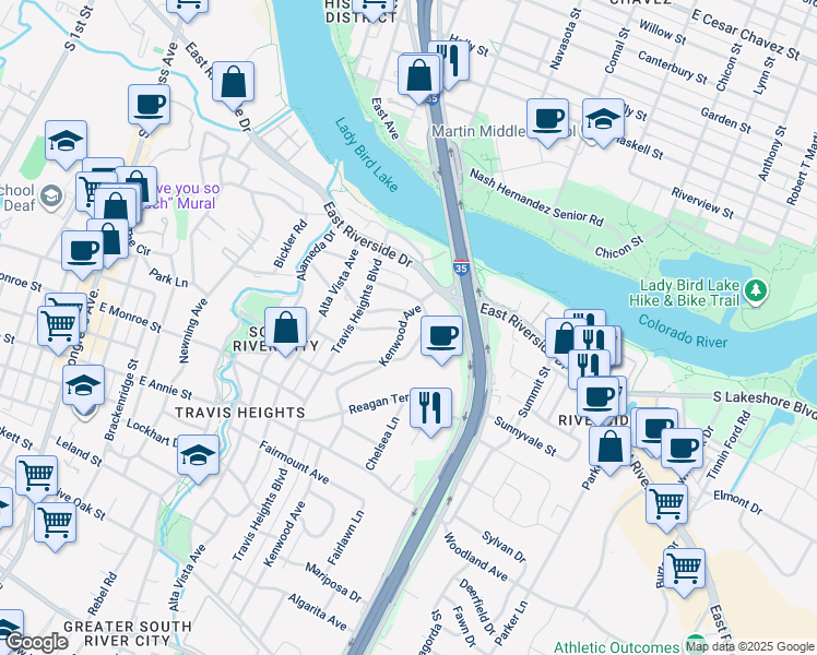 map of restaurants, bars, coffee shops, grocery stores, and more near 1015 Avondale Road in Austin