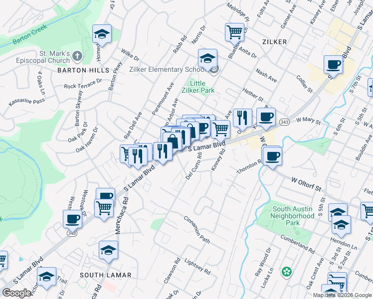 map of restaurants, bars, coffee shops, grocery stores, and more near South Lamar Boulevard in Austin