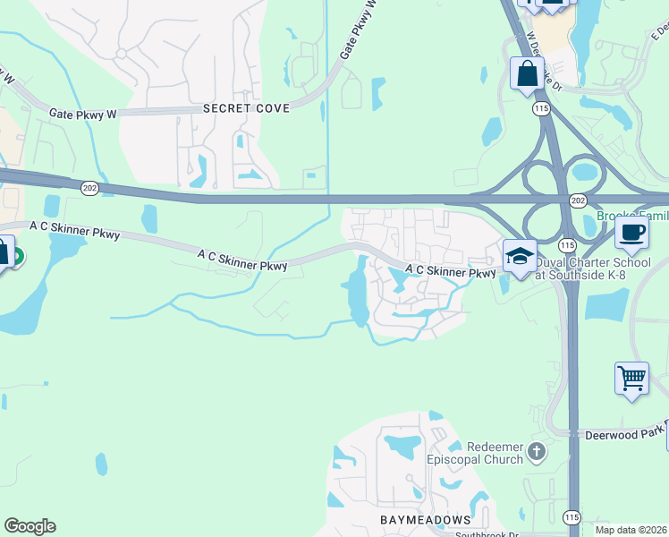 map of restaurants, bars, coffee shops, grocery stores, and more near 7200 A C Skinner Parkway in Jacksonville