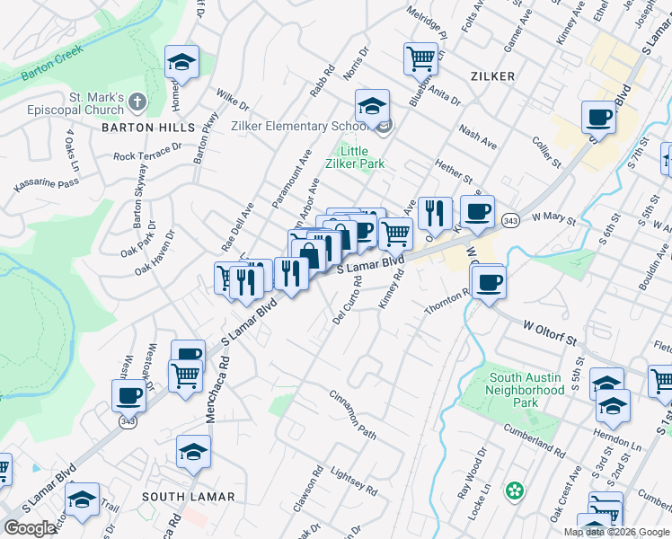 map of restaurants, bars, coffee shops, grocery stores, and more near South Lamar Boulevard in Austin