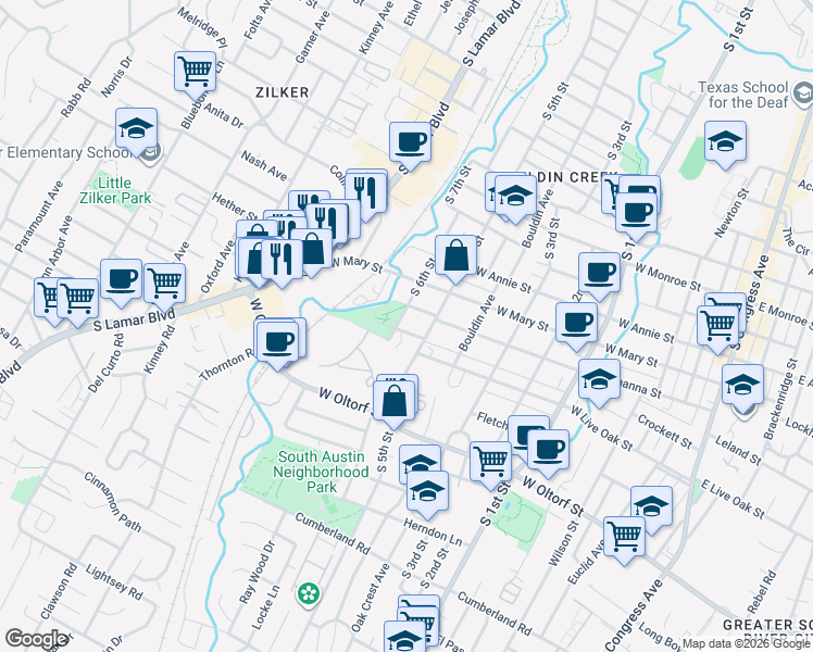 map of restaurants, bars, coffee shops, grocery stores, and more near 1010 Brodie Street in Austin