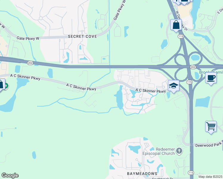 map of restaurants, bars, coffee shops, grocery stores, and more near 7200 A C Skinner Parkway in Jacksonville