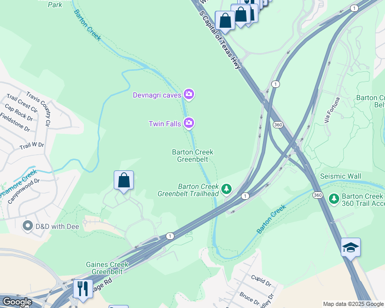 map of restaurants, bars, coffee shops, grocery stores, and more near 3755 South Capital of Texas Highway in Austin