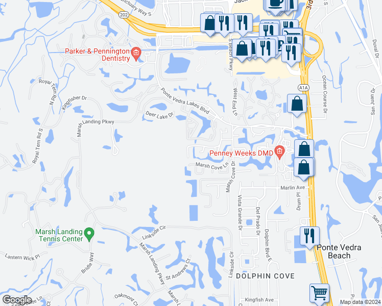 map of restaurants, bars, coffee shops, grocery stores, and more near 3010 Sea Hawk Drive East in Ponte Vedra Beach