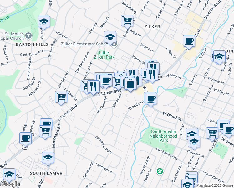 map of restaurants, bars, coffee shops, grocery stores, and more near 2205 South Lamar Boulevard in Austin