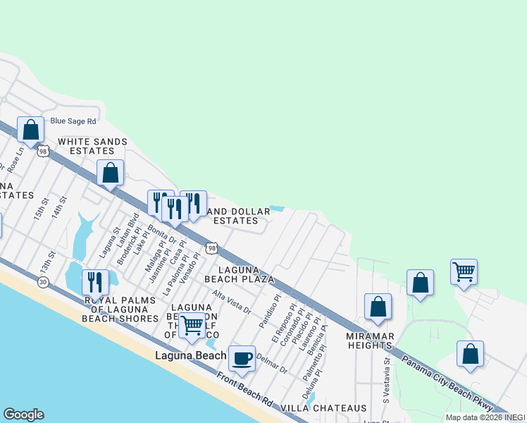 map of restaurants, bars, coffee shops, grocery stores, and more near 645 Malaga Place in Panama City Beach