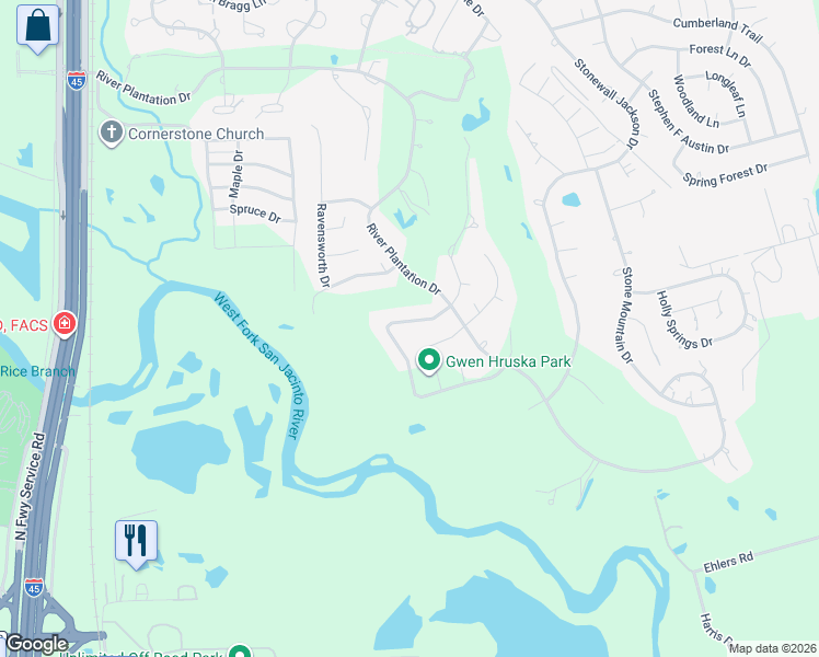map of restaurants, bars, coffee shops, grocery stores, and more near 549 Brandon Road in Conroe