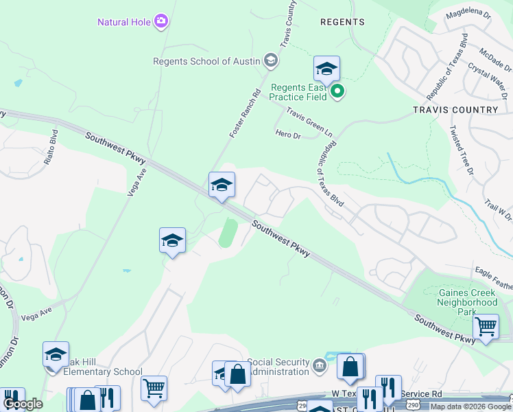 map of restaurants, bars, coffee shops, grocery stores, and more near 5604 Southwest Parkway in Austin