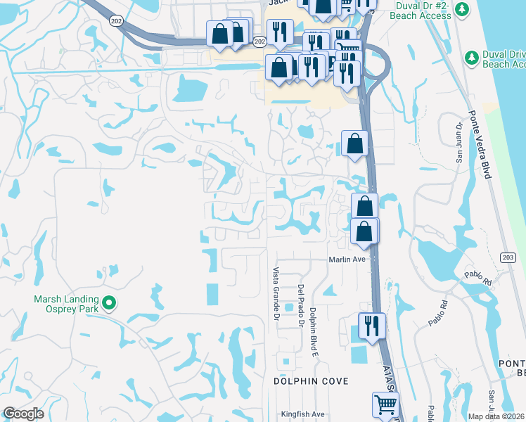 map of restaurants, bars, coffee shops, grocery stores, and more near 203 North Marsh Cove Lane in Ponte Vedra