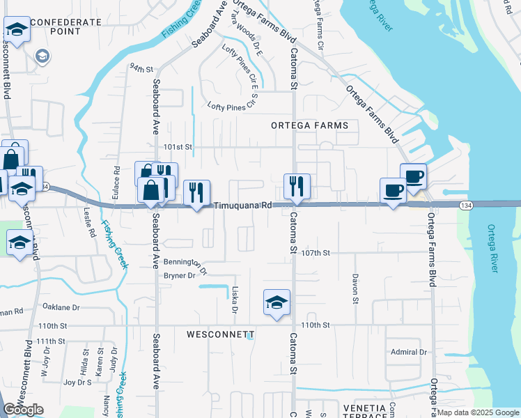 map of restaurants, bars, coffee shops, grocery stores, and more near 5483 Timuquana Road in Jacksonville