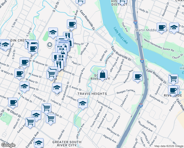 map of restaurants, bars, coffee shops, grocery stores, and more near 1506 East Side Drive in Austin