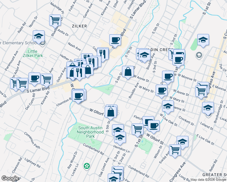 map of restaurants, bars, coffee shops, grocery stores, and more near 2000-2098 South 6th Street in Austin