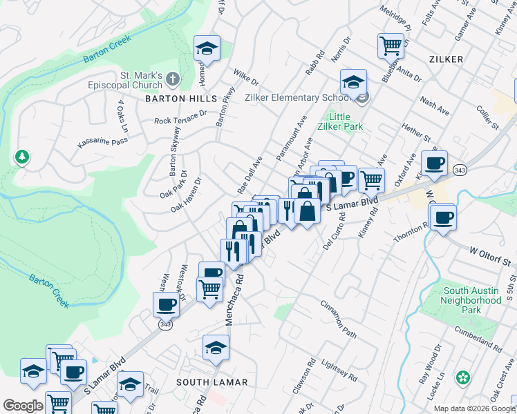 map of restaurants, bars, coffee shops, grocery stores, and more near 2113 La Casa Drive in Austin