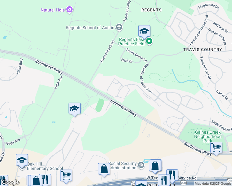 map of restaurants, bars, coffee shops, grocery stores, and more near 5604 Southwest Parkway in Austin