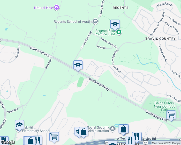 map of restaurants, bars, coffee shops, grocery stores, and more near 5604 Southwest Parkway in Austin