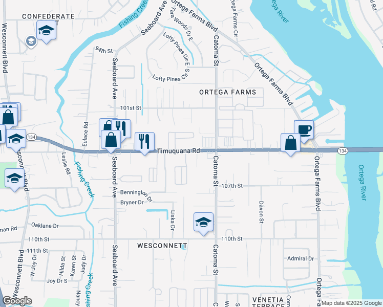 map of restaurants, bars, coffee shops, grocery stores, and more near 5483 Timuquana Road in Jacksonville